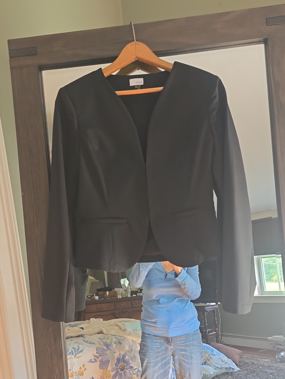 ecru Black Collarless Women's Blazer Jacket